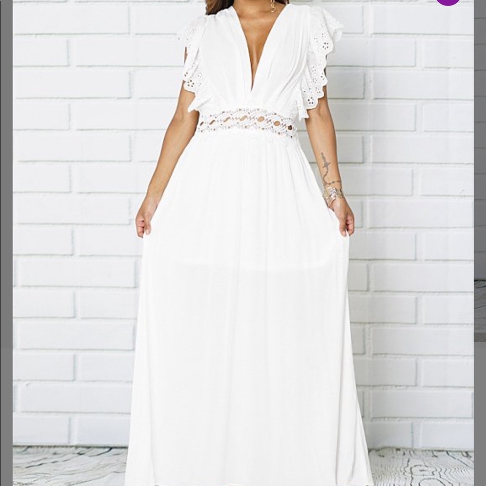 White Lace-Accent Ruffle Sleeve Maxi Dress